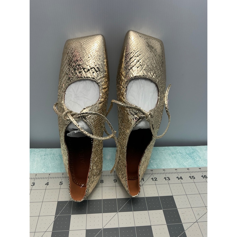 TEAIEUI Womens Gold Snakeskin Embossed Square Toe Ballet Flats Lace Up Size 8.5